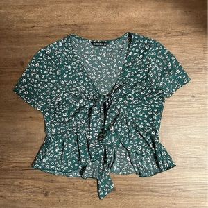 Green Floral Front Tie Shirt